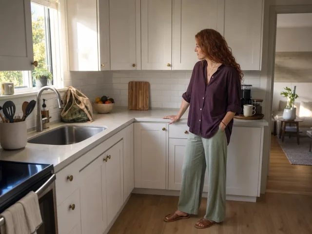 0-kitchen-counter-organization-clear-prep-zone Organized kitchen counter with clear prep zone next to sink, coffee station in the corner