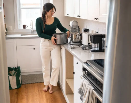 Small Kitchen Appliance Storage That Actually Fits Small kitchen appliance storage reset with a stand mixer and toaster being sorted into cabinets