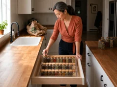 Spice Drawer Organization That Stops Jars From Rolling Spice drawer organization with a clear acrylic tiered riser holding labeled jars in an open kitchen drawer