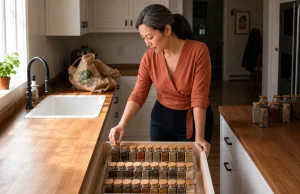Spice Drawer Organization That Stops Jars From Rolling Spice drawer organization with a clear acrylic tiered riser holding labeled jars in an open kitchen drawer