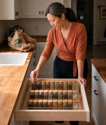 Spice Drawer Organization That Stops Jars From Rolling Spice drawer organization with a clear acrylic tiered riser holding labeled jars in an open kitchen drawer