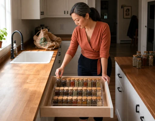 Spice Drawer Organization That Stops Jars From Rolling Spice drawer organization with a clear acrylic tiered riser holding labeled jars in an open kitchen drawer