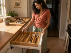 Utensil Drawer Organization That Fits Whisks and Tongs Utensil drawer organization with a deep-slot bamboo tray holding whisks, tongs, and spatulas