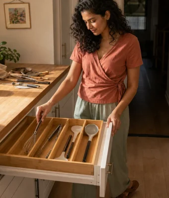 Utensil Drawer Organization That Fits Whisks and Tongs Utensil drawer organization with a deep-slot bamboo tray holding whisks, tongs, and spatulas