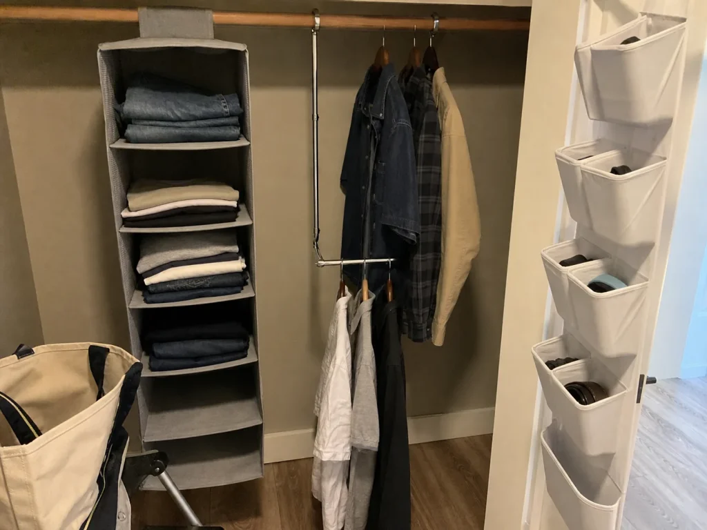 Three different closet products side by side showing what a hanging organizer is versus a rod doubler