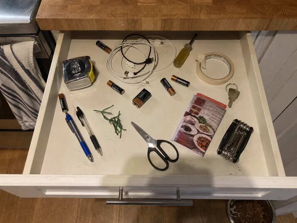 Open junk drawer full of working items with no containers or categories, seen from above