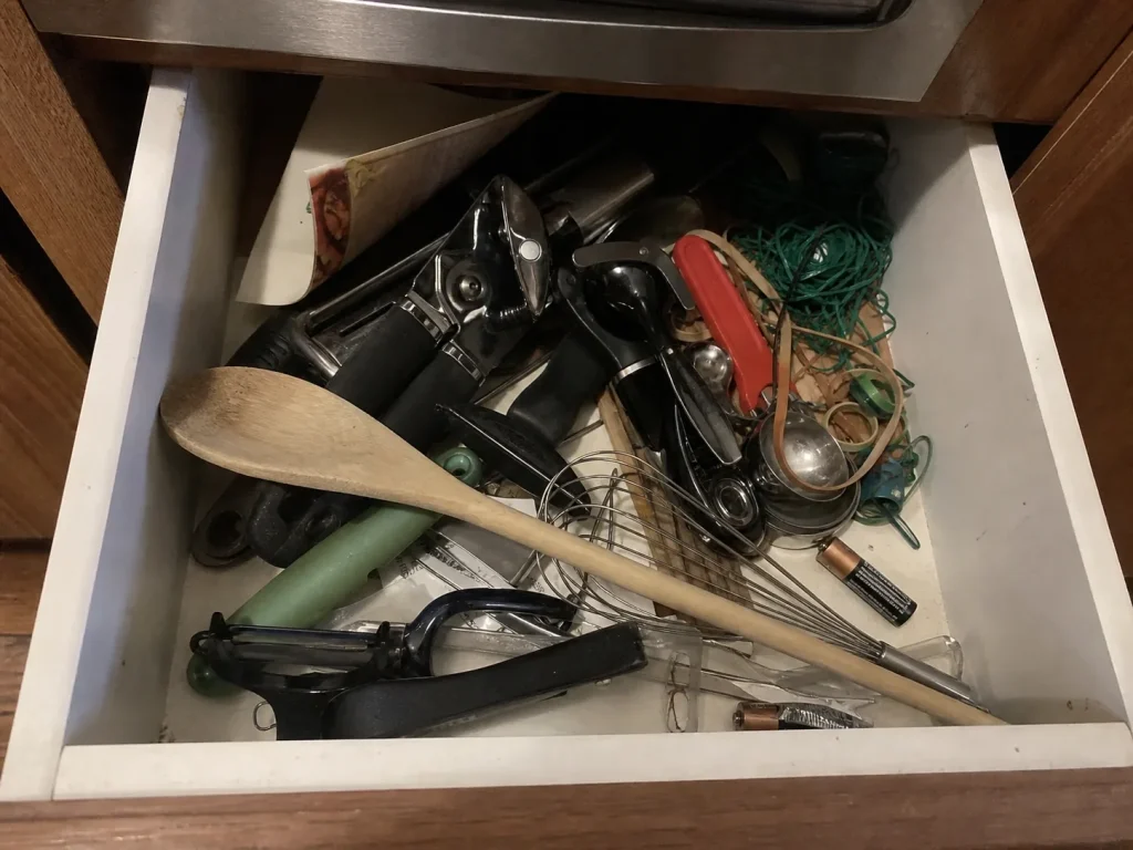 Cluttered kitchen junk drawer with tangled utensils, rubber bands, and duplicates before organizing