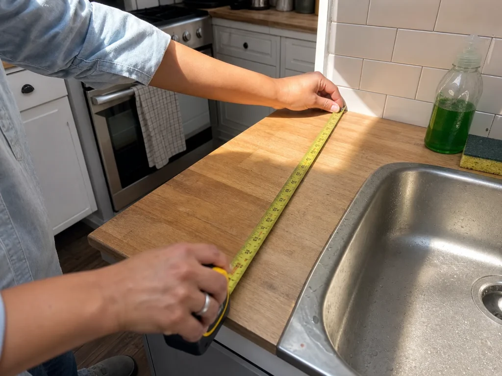 Hand measuring the depth of a small kitchen counter with a tape measure to check the prep zone
