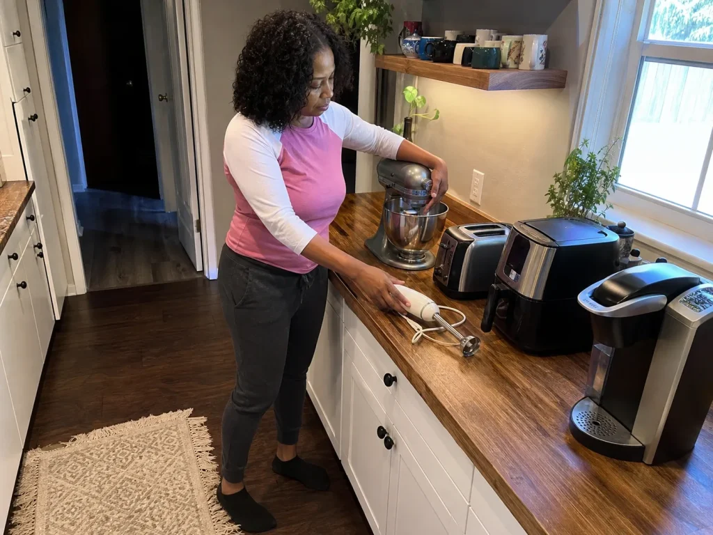 Sorting small kitchen appliances by weight and frequency on a counter before storing them