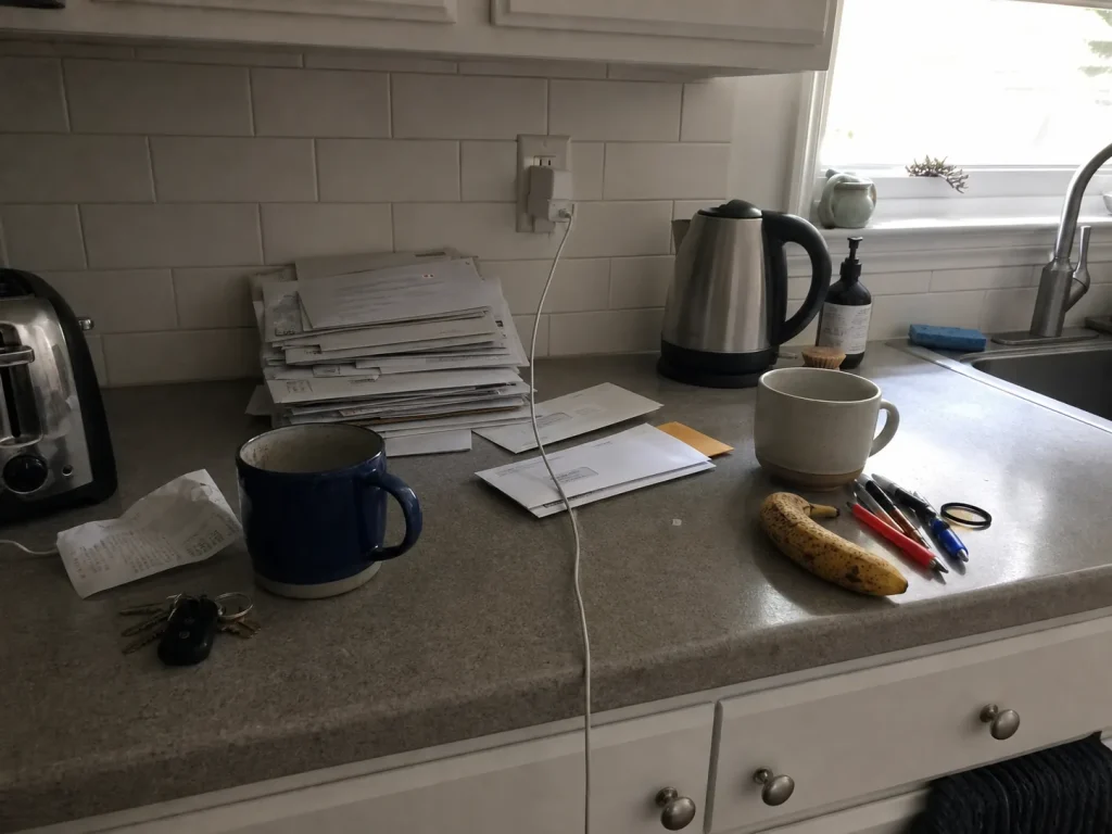 How to Declutter Kitchen Counters for Good 1 Cluttered kitchen counter with mail, keys, and mugs accumulated as a landing zone