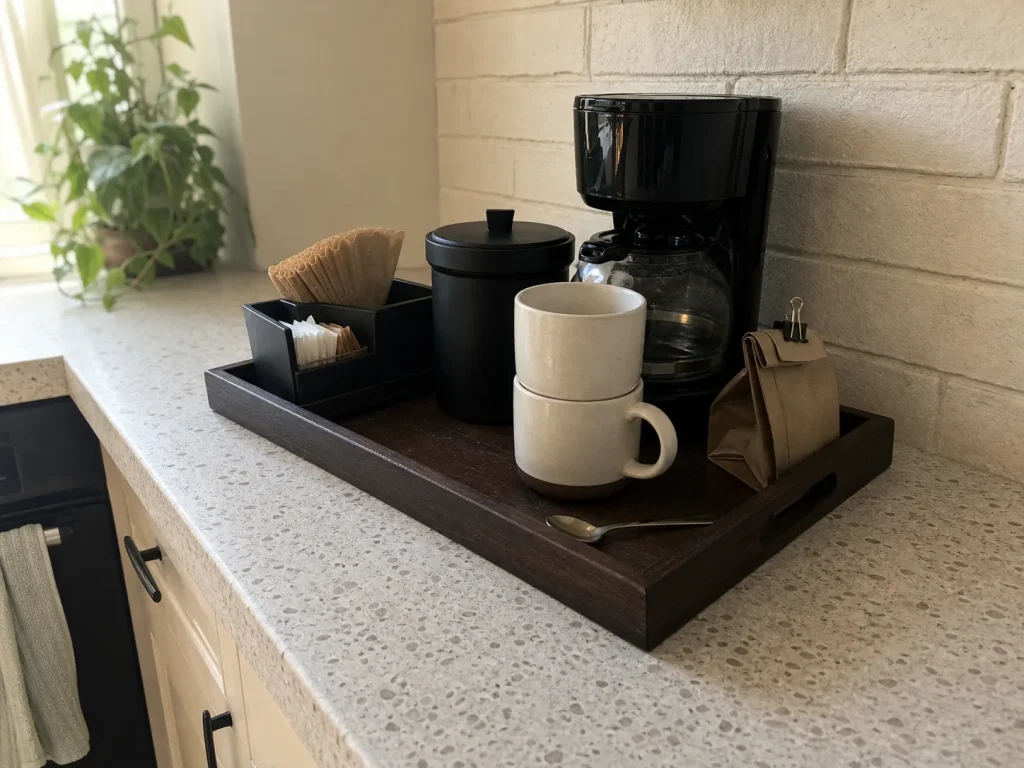 Coffee station zoned onto one tray on a kitchen counter with maker, beans and mugs grouped