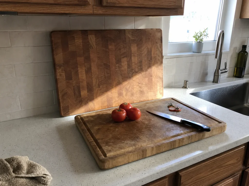 Large wooden cutting board standing on a kitchen counter marking the clear prep zone by the sink