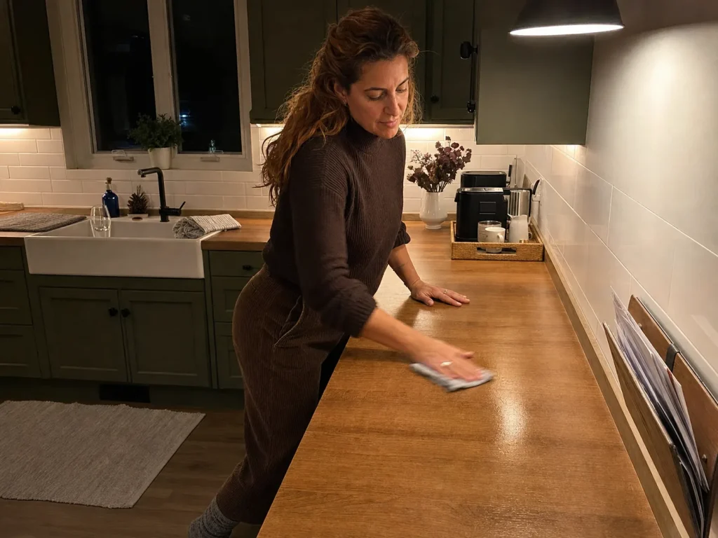 Woman doing a two-minute nightly reset returning items to their spots on a clear kitchen counter