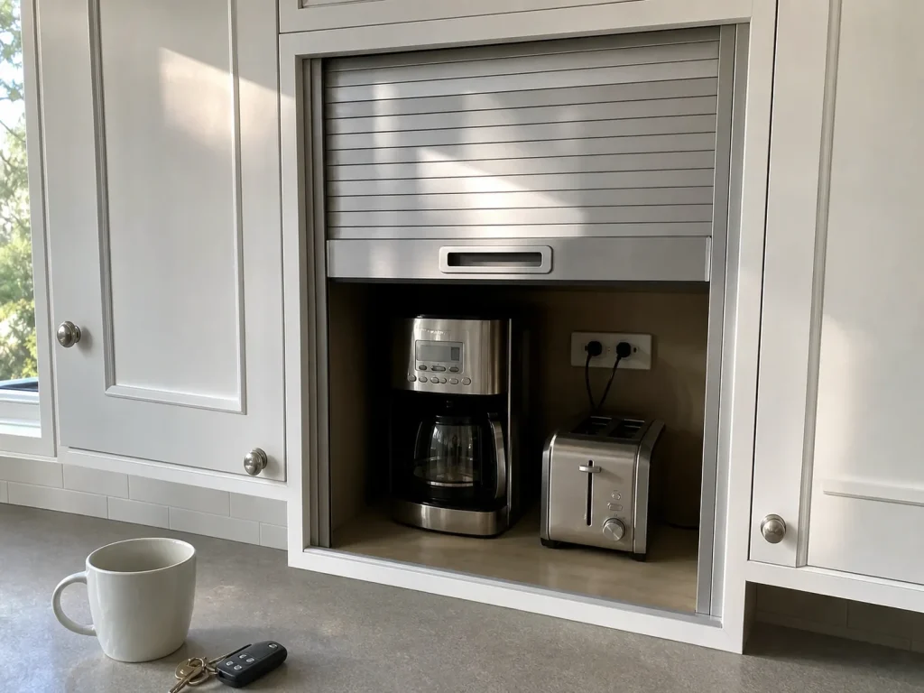 Base cabinet appliance garage with a roll-up tambour door open over a coffee maker and toaster