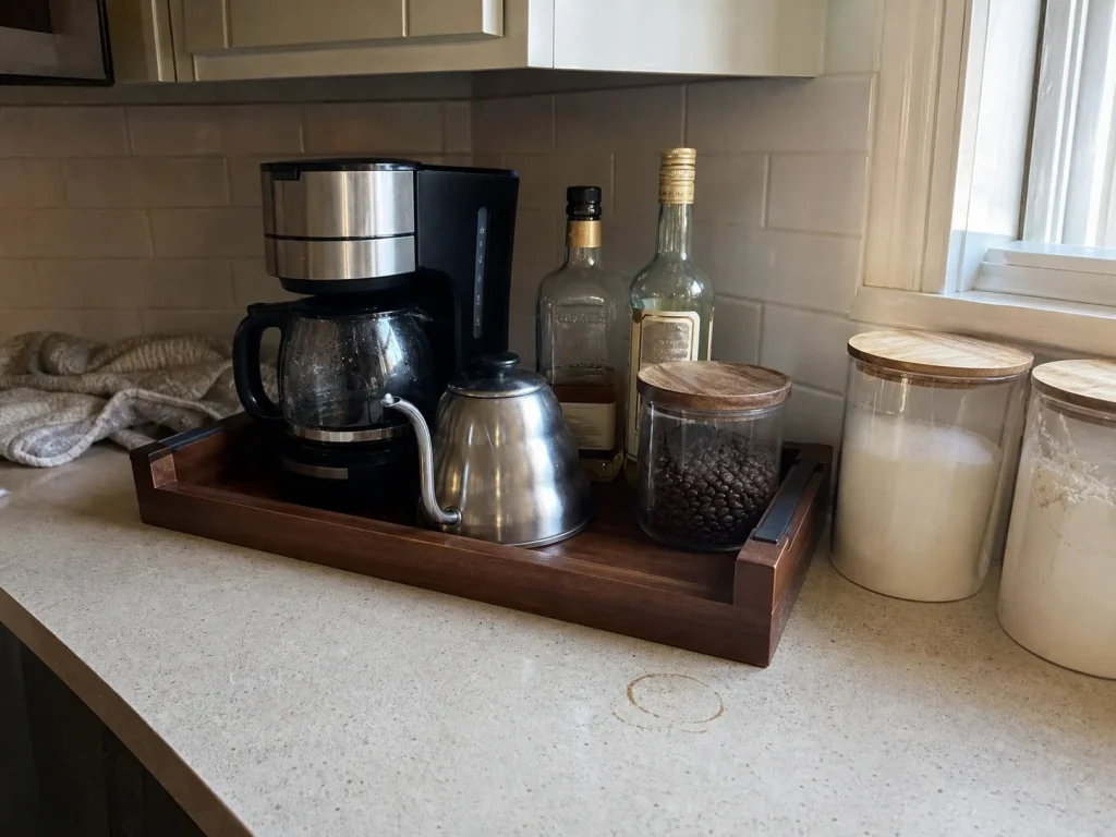 Acacia wood serving tray corralling a coffee station on a kitchen counter into one zone