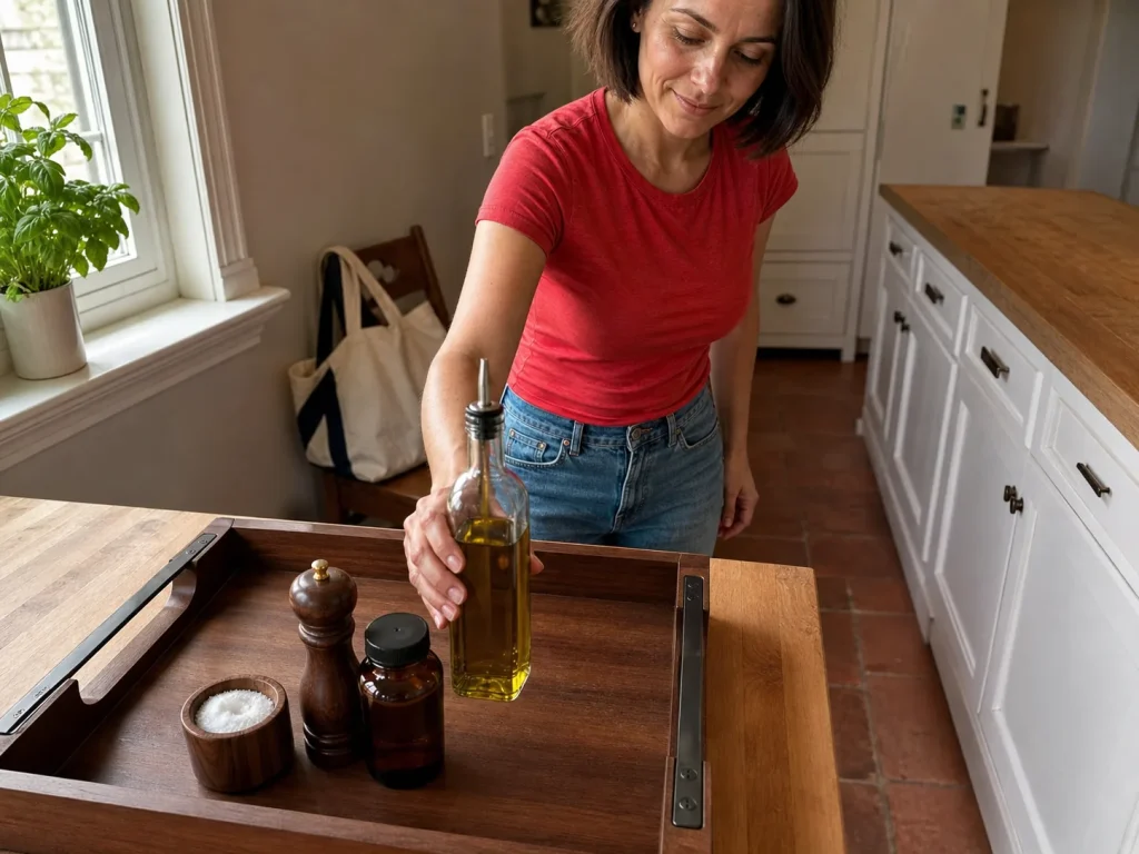 Woman placing oils and salt onto a wood serving tray to zone a kitchen counter grab zone