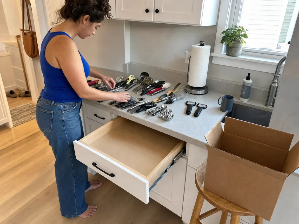 Woman emptying a kitchen drawer onto the counter to sort duplicates before organizing