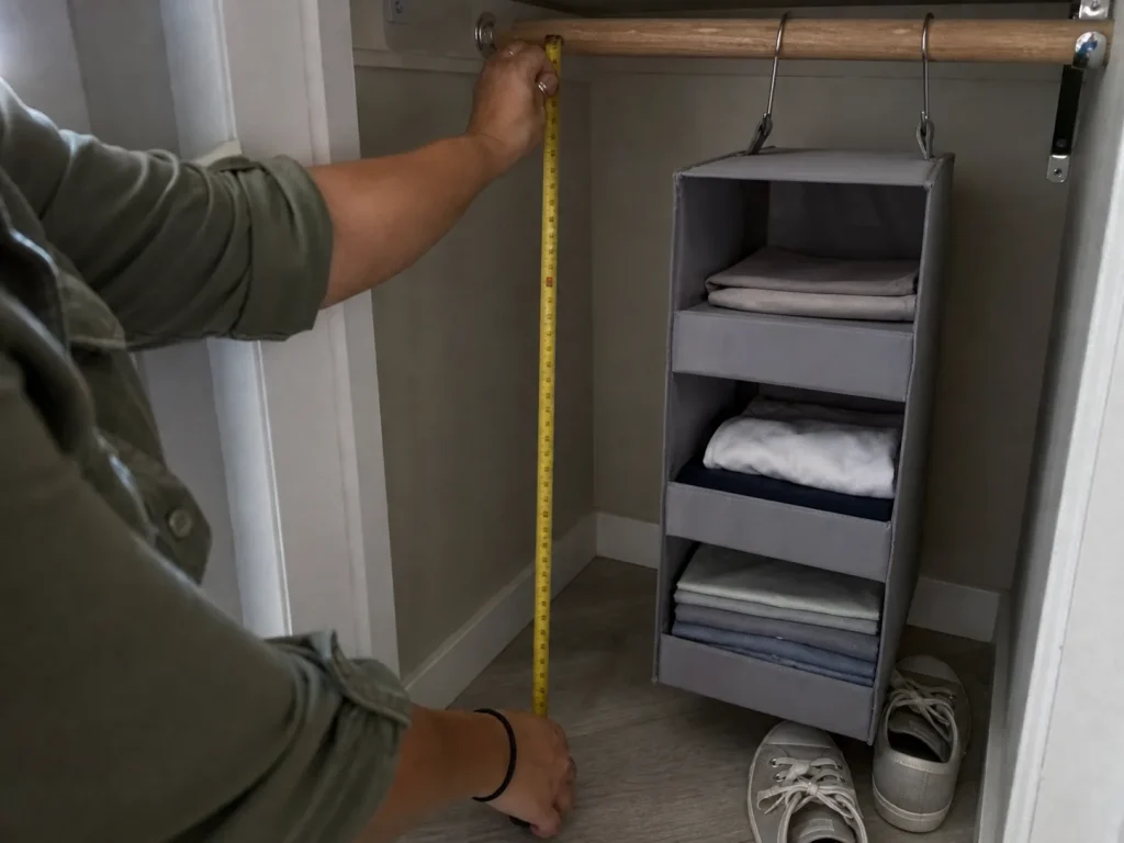 Hands measuring closet rod-to-floor clearance with a tape measure next to a compact 3-shelf hanging organizer