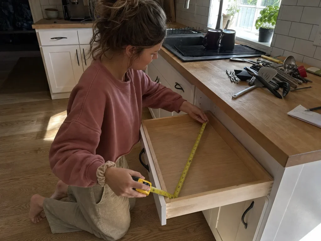 Best Kitchen Drawer Organizers That Hold Their Size 3 Woman measuring the interior depth of an emptied kitchen drawer with a yellow tape measure