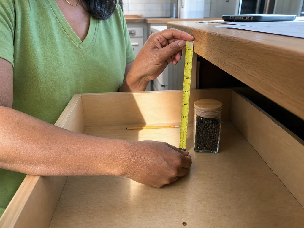 Spice Drawer Organization That Stops Jars From Rolling 2 Hands measuring the vertical clearance of an open kitchen drawer with a tape measure beside a spice jar