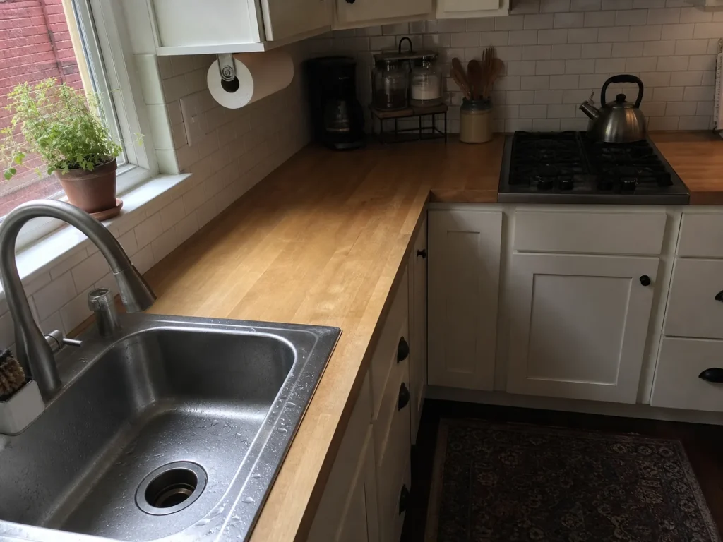 Small L-shaped kitchen counter with the sink-side prep strip and cooktop landing zones left clear