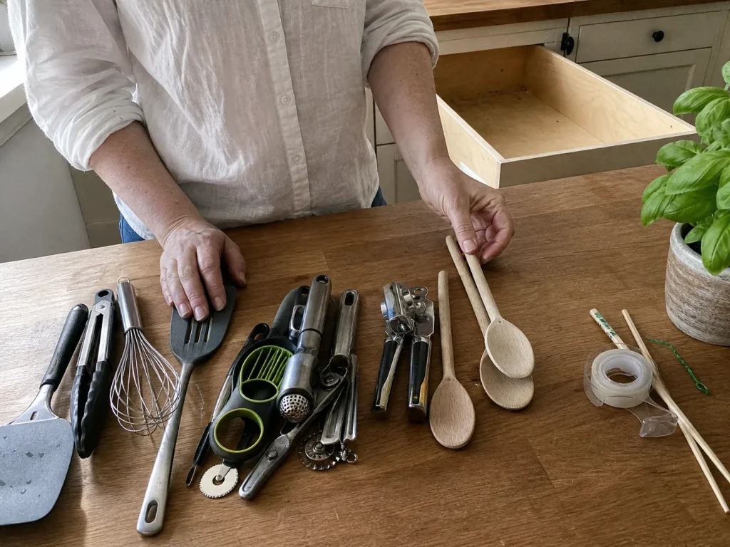 Hands sorting cooking utensils into piles on a counter beside an emptied kitchen drawer
