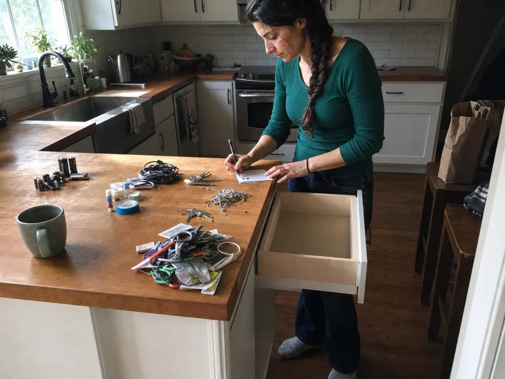 Woman testing a pen while sorting emptied junk drawer contents into named piles on a counter
