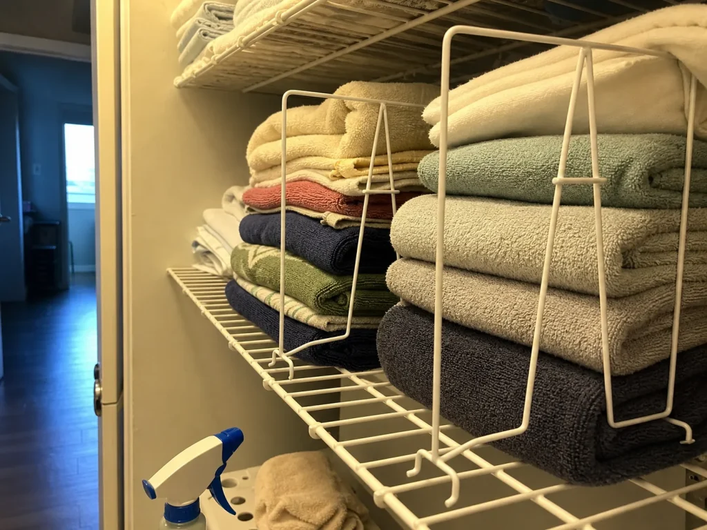 Evelots coated-wire shelf dividers clipped onto a white wire closet shelf holding folded stacks