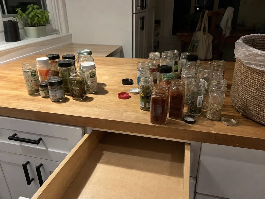 Spice Drawer Organization That Stops Jars From Rolling 4 Spice jars emptied onto a kitchen counter and sorted into a keep pile and a toss pile before organizing the drawer