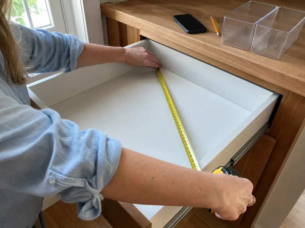 Hand measuring the interior depth of an empty kitchen drawer with a yellow tape measure