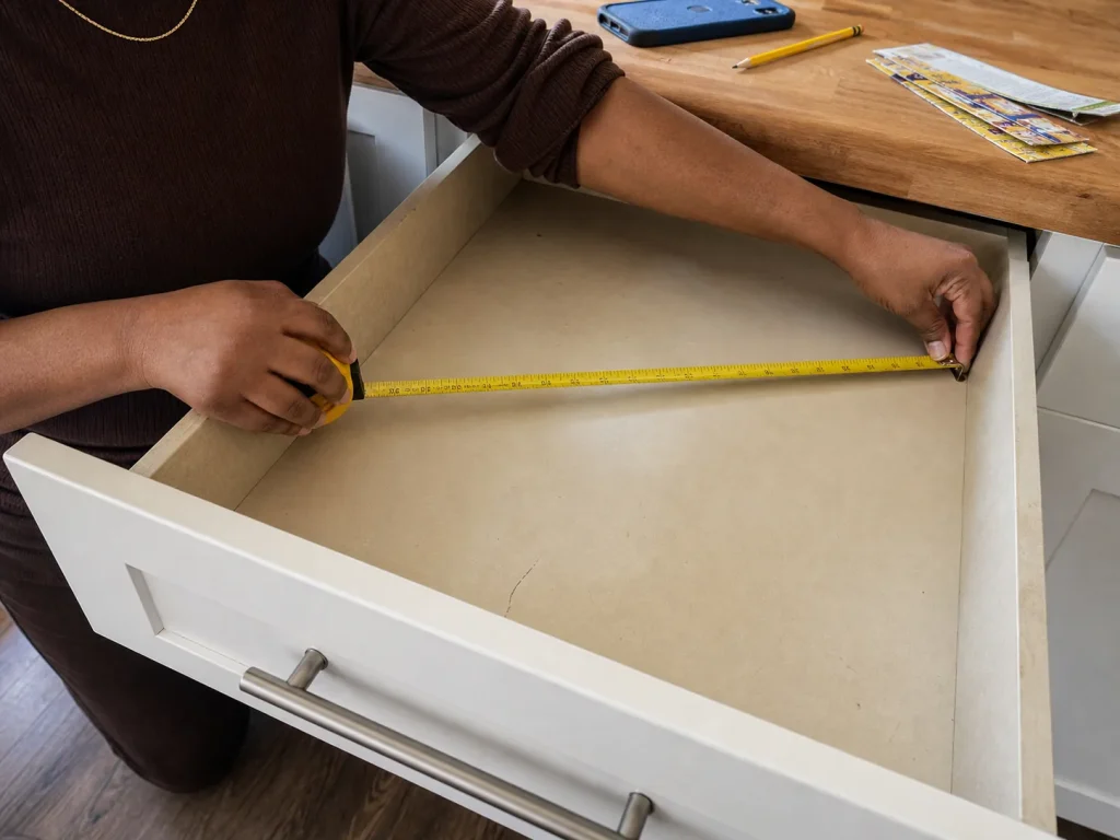 Hands measuring the interior width of an emptied kitchen junk drawer with a yellow tape measure