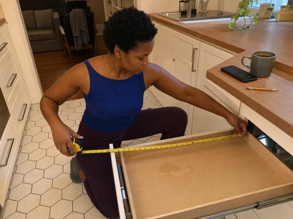 Woman measuring the interior width of an empty kitchen utensil drawer with a tape measure