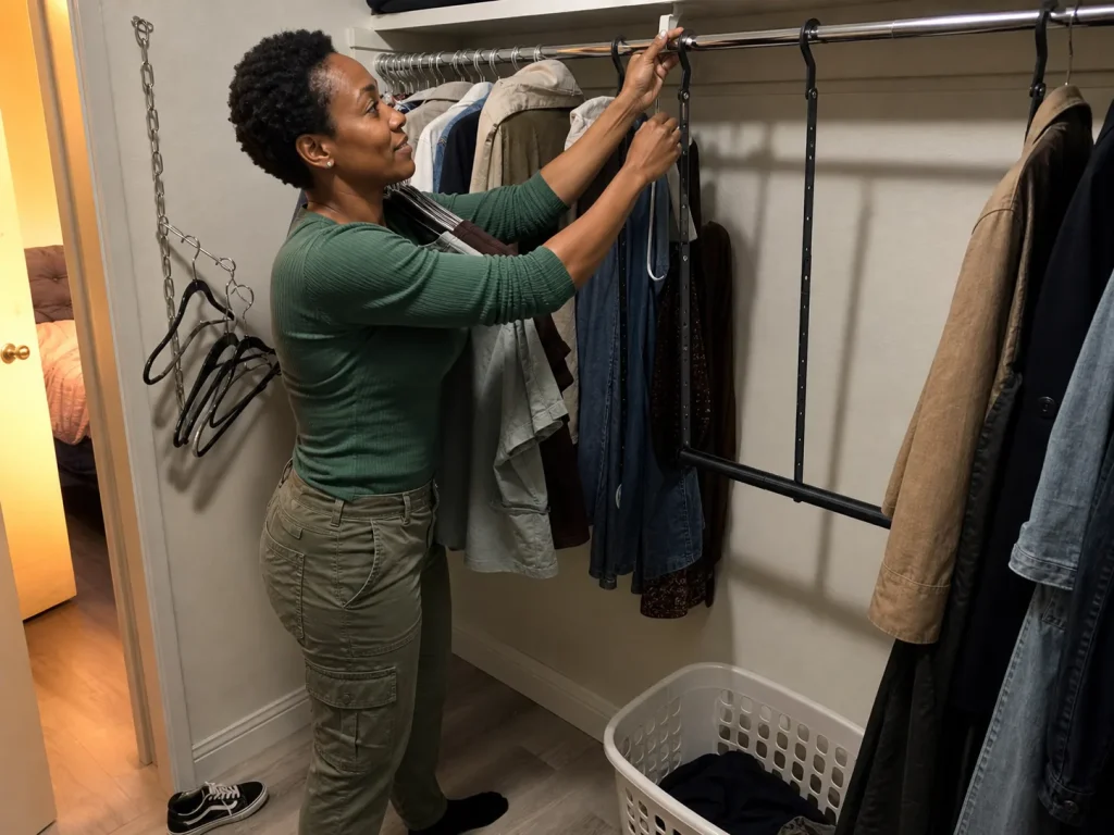 Woman hanging a no-drill clip-over rod doubler on an existing closet rod in a rental