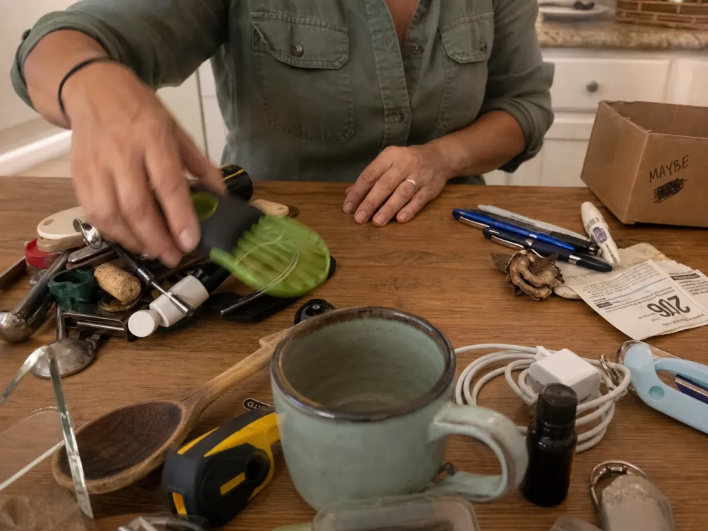 How to Declutter Kitchen Counters for Good 3 Hands sorting kitchen counter items into keep, relocate, and toss groups on a table