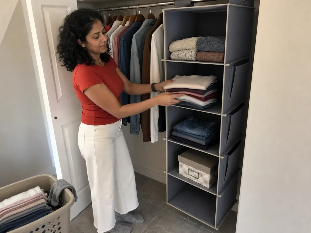 Woman loading folded clothes into a grey YOUDENOVA hanging closet organizer in a bedroom closet