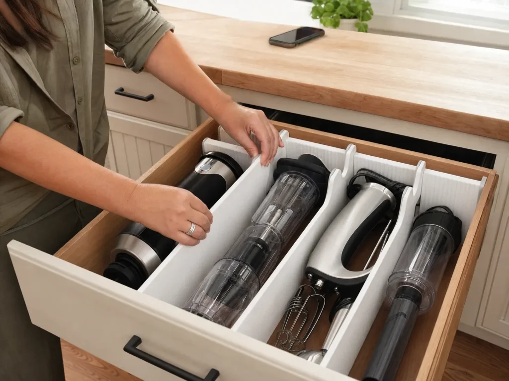 Hands setting adjustable dividers in a deep kitchen drawer holding a blender and food processor