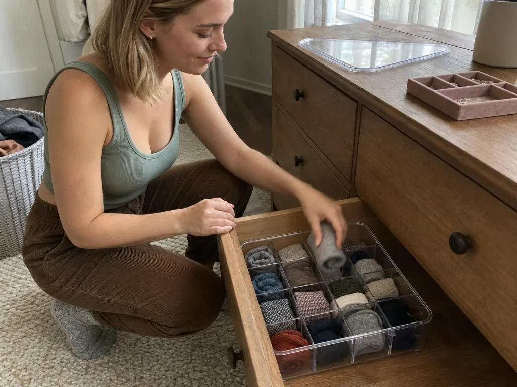 Dresser drawer using free cardboard dividers next to collapsible cloth organizer boxes