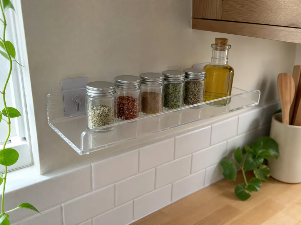 Clear acrylic no-drill wall shelf above a kitchen counter holding glass spice jars