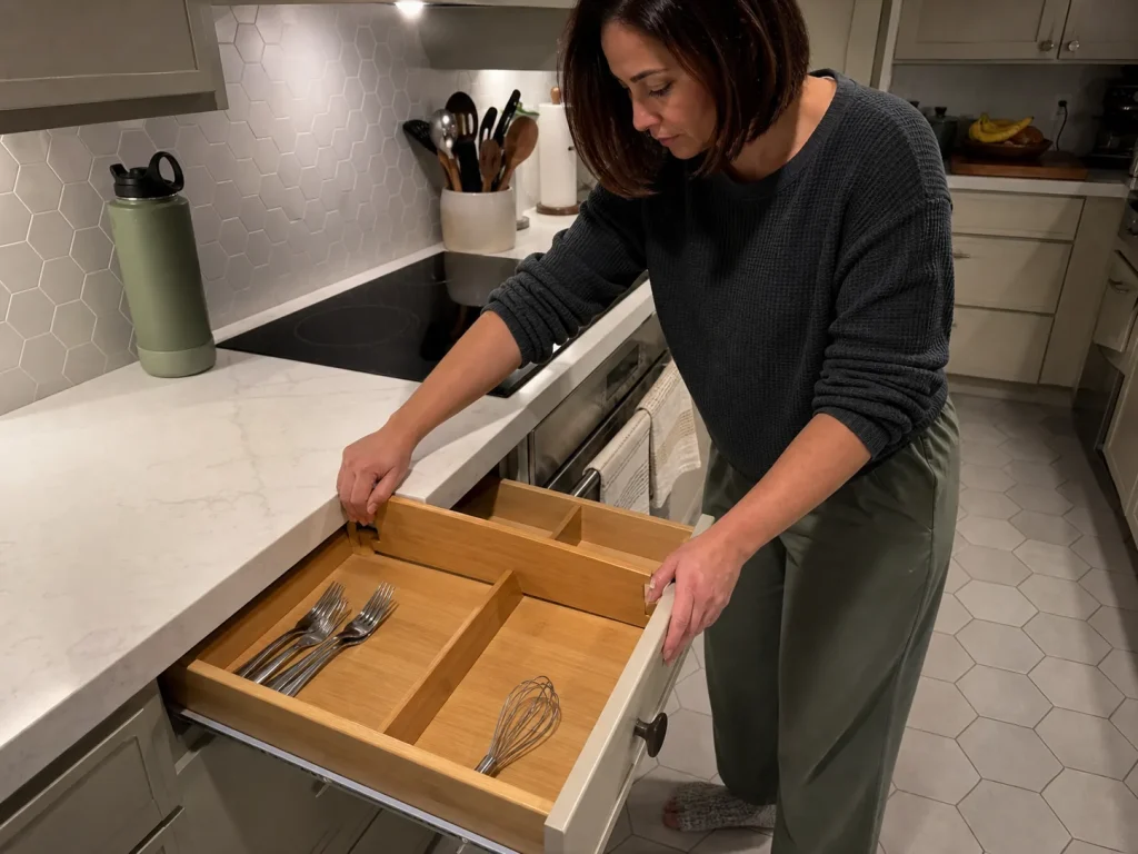 Woman setting SpaceAid bamboo dividers into a kitchen drawer to build task zones