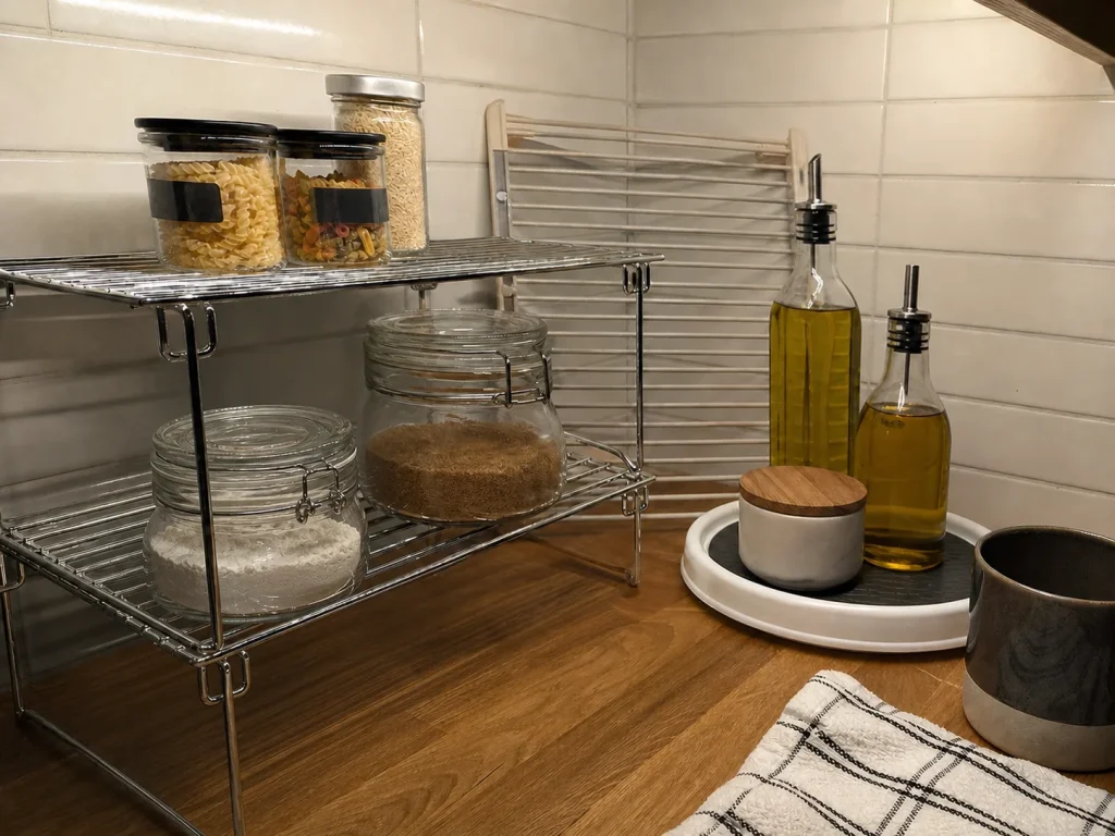 Small chrome shelf riser and a mini 9-inch turntable doubling storage on a tight kitchen counter