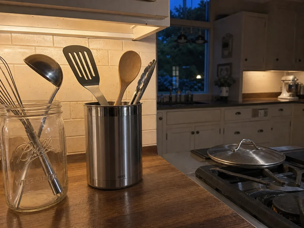 Stainless utensil crock and a wide-mouth mason jar holding everyday cooking tools by the stove