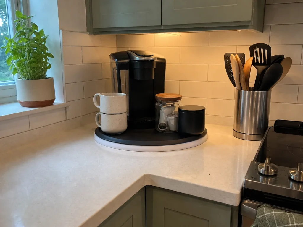 How to Organize Kitchen Counters That Stay Clear 5 Corner coffee station grouped on an OXO lazy susan turntable keeping the kitchen counter zoned