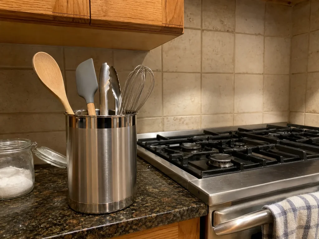 Stainless steel utensil crock beside a stove holding daily-use cooking tools