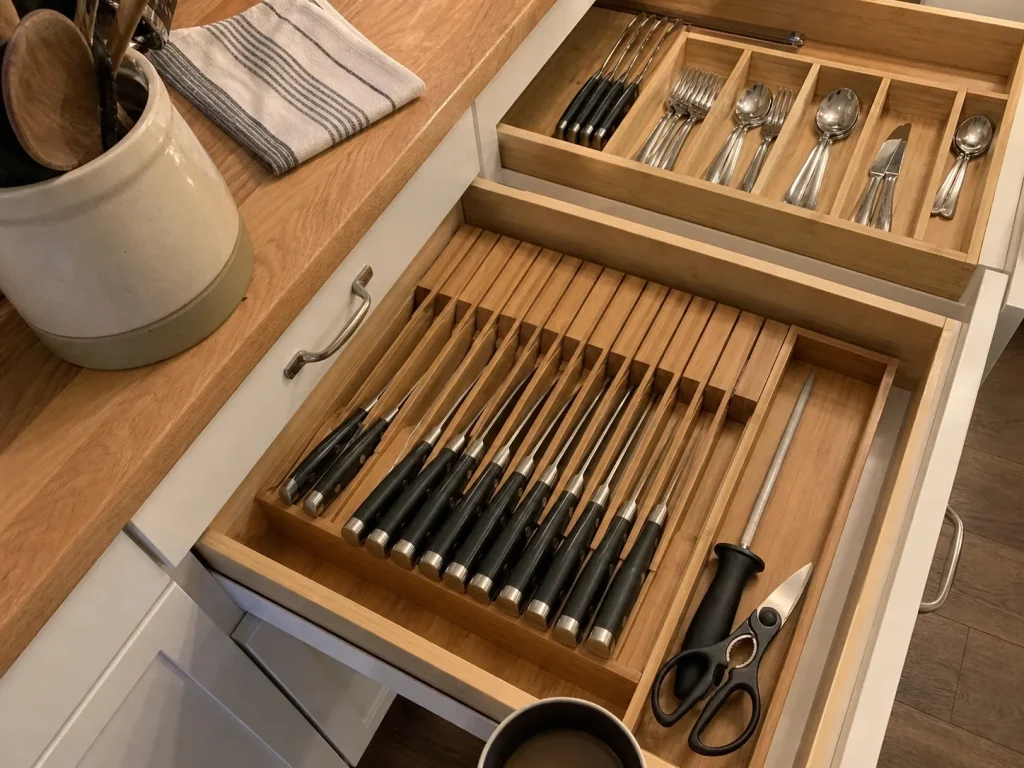 In-drawer bamboo knife block and expandable dividers matched to different kitchen drawer types
