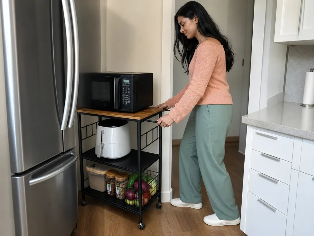 Woman rolling a 3-tier kitchen cart holding a microwave and air fryer into a small kitchen gap