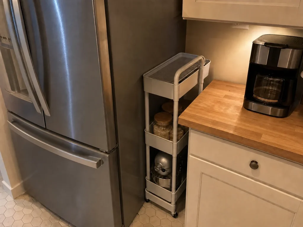Narrow rolling cart tucked into a gap beside the fridge adds temporary prep space in a small kitchen