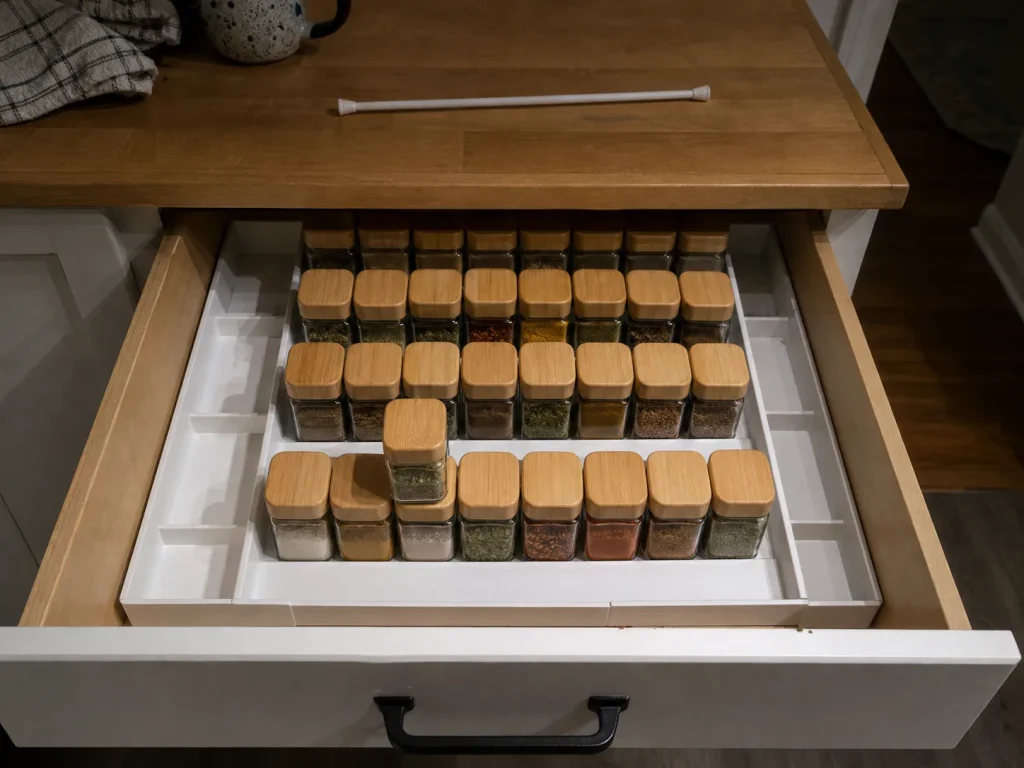 Spice Drawer Organization That Stops Jars From Rolling 7 Expandable tiered spice organizer tray stepping jars up in a standard kitchen drawer so every label faces up