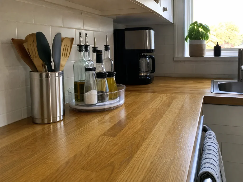 How to Declutter Kitchen Counters for Good 5 Clear kitchen counter with only daily items — a utensil crock and a turntable of oils