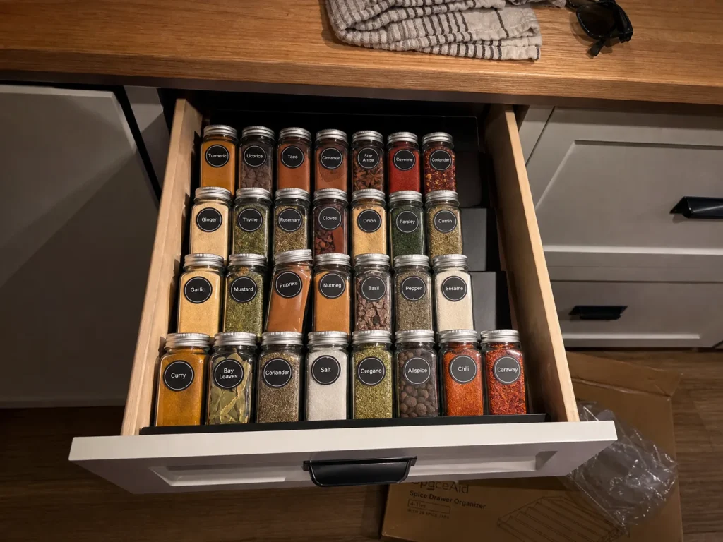 Spice Drawer Organization That Stops Jars From Rolling 8 Deep kitchen drawer with a four-tier spice organizer kit holding a full set of matching jars in rows