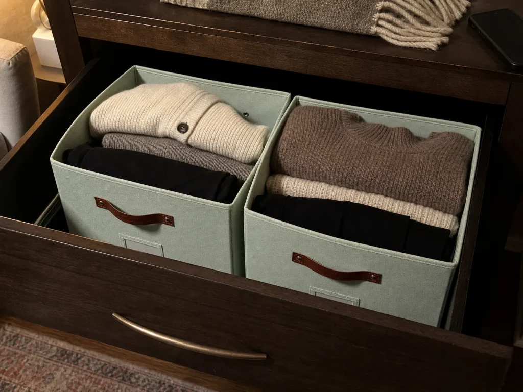 Collapsible fabric storage bins with label windows holding folded clothes in a deep drawer